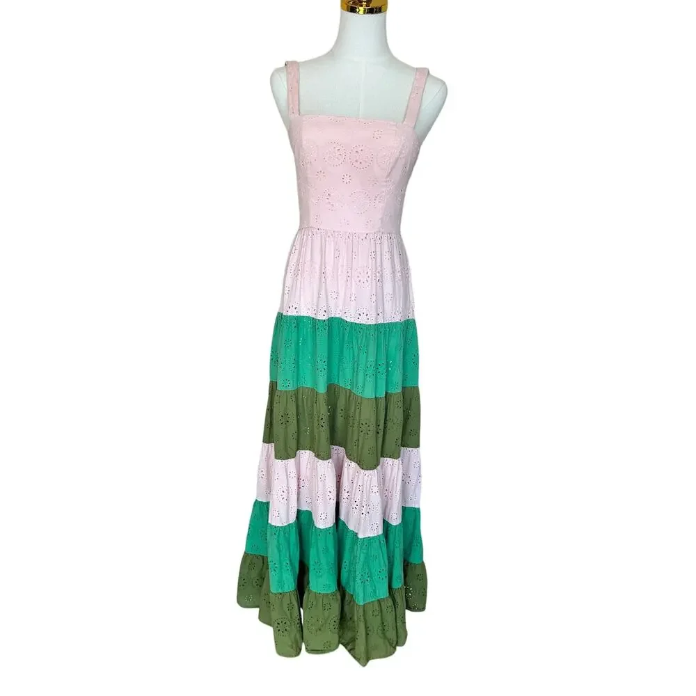 Slate & Willow Green Pink Tiered Ruffle Maxi Dress Size 0 Eyelet Cotton $310 - Picture 5 of 10